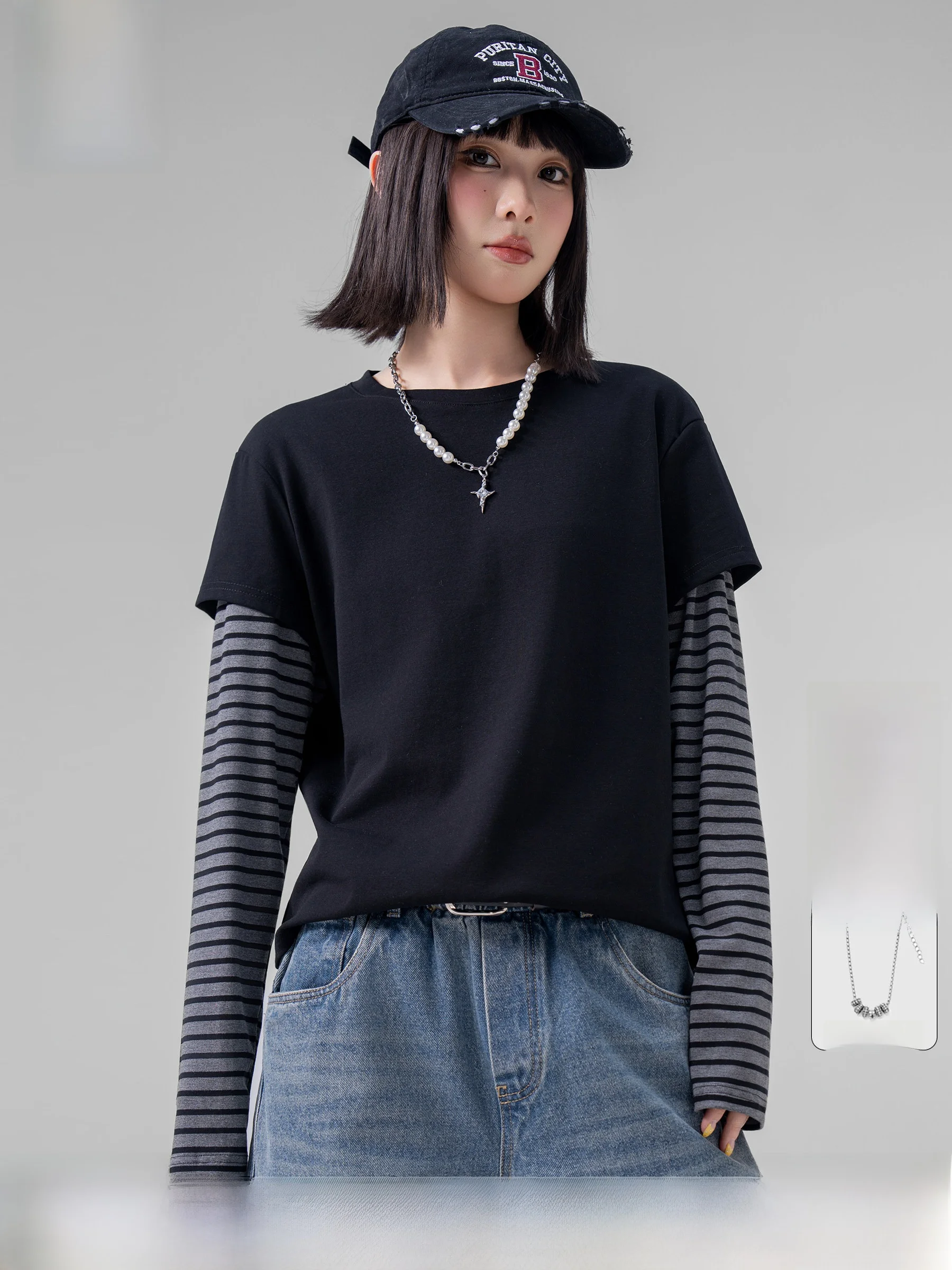 Women's Long Sleeve T-Shirt Casual Style Splice Stripe Pattern Base Shirt Slimming Design Spring New Fashion Breathable Cotton
