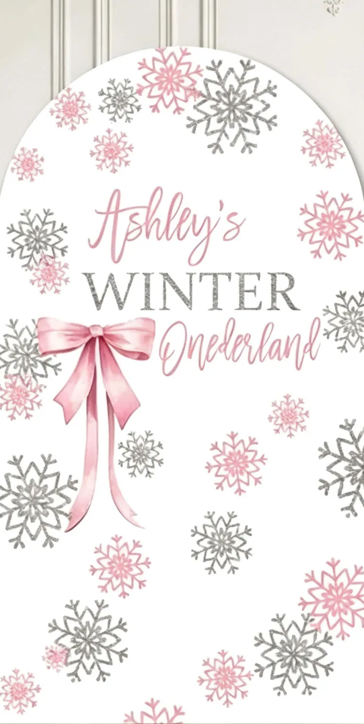Custom Double-Sided Winter Onederland Baby Shower Arch Backdrop Cover Pink Bow Snowflake Birthday Party Photography Background