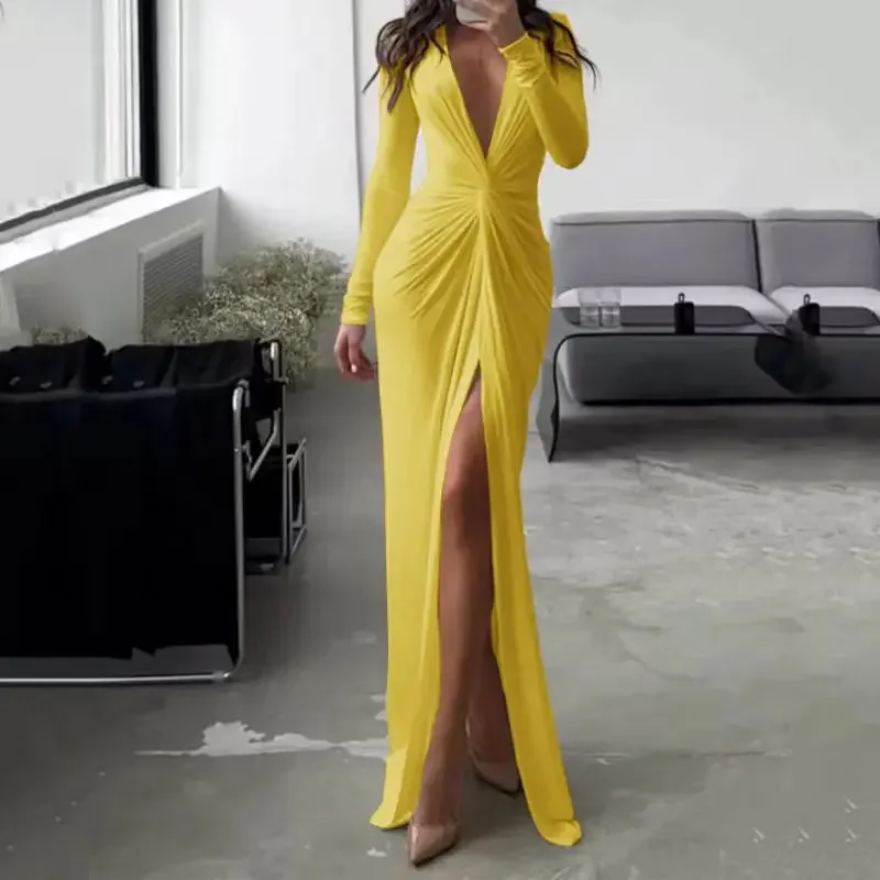 Damska Sukienka Maxi Letnia Moda Sexy Rozcięcie Dekolt V Długi Rękaw Jednolita Wyszczuplająca Plisowana Sukienka Wieczorowa Imprezowa High Streetwear Lato 5XL