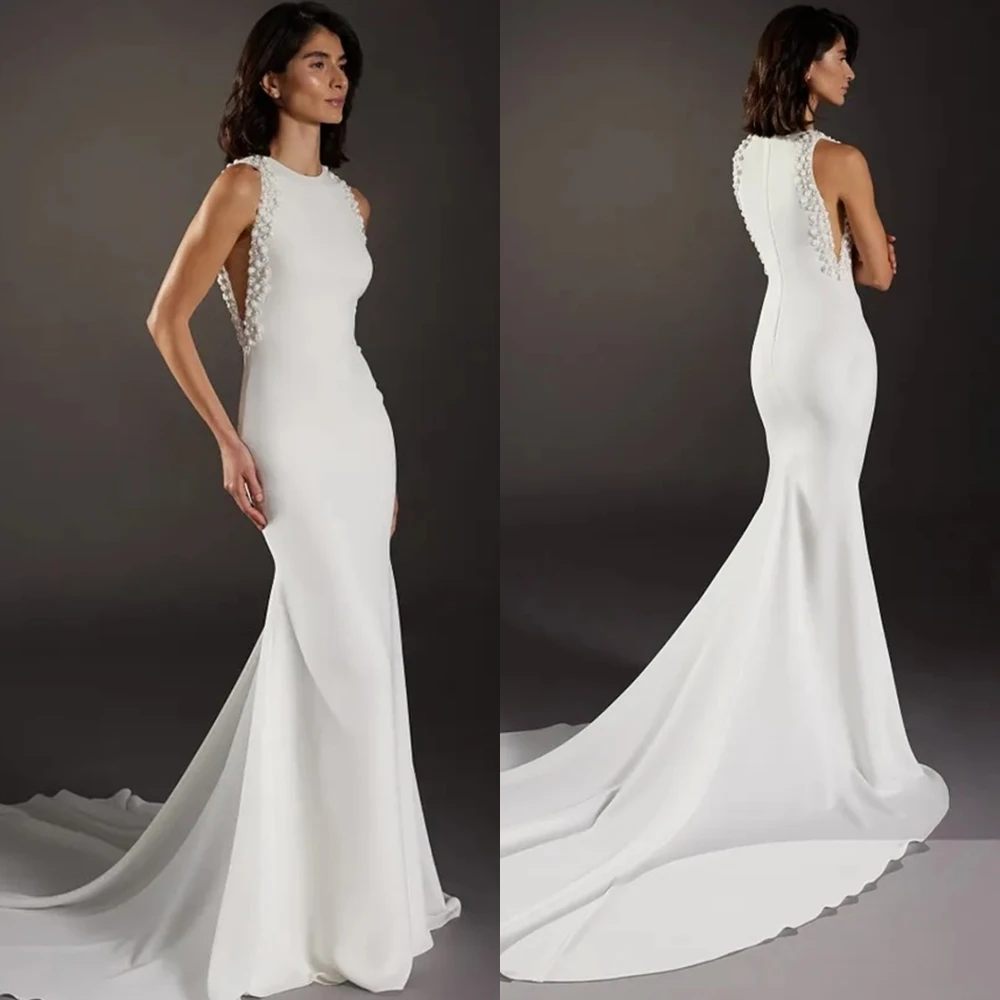 Customized Charming White Organza Wedding Dress Elegant Crew Neck Shawl Sleeveless Chapel Train Zipper Back Mermaid Bridal Gowns