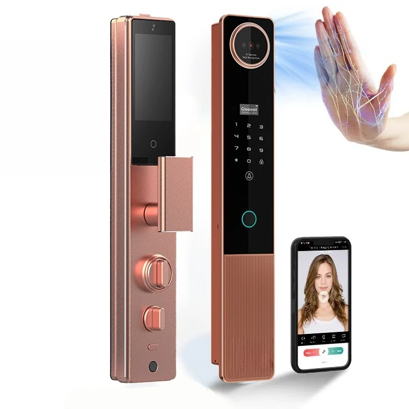 

Gold Wifi smart palm print 3D facial recognition fingerprint door electronic lock with camera