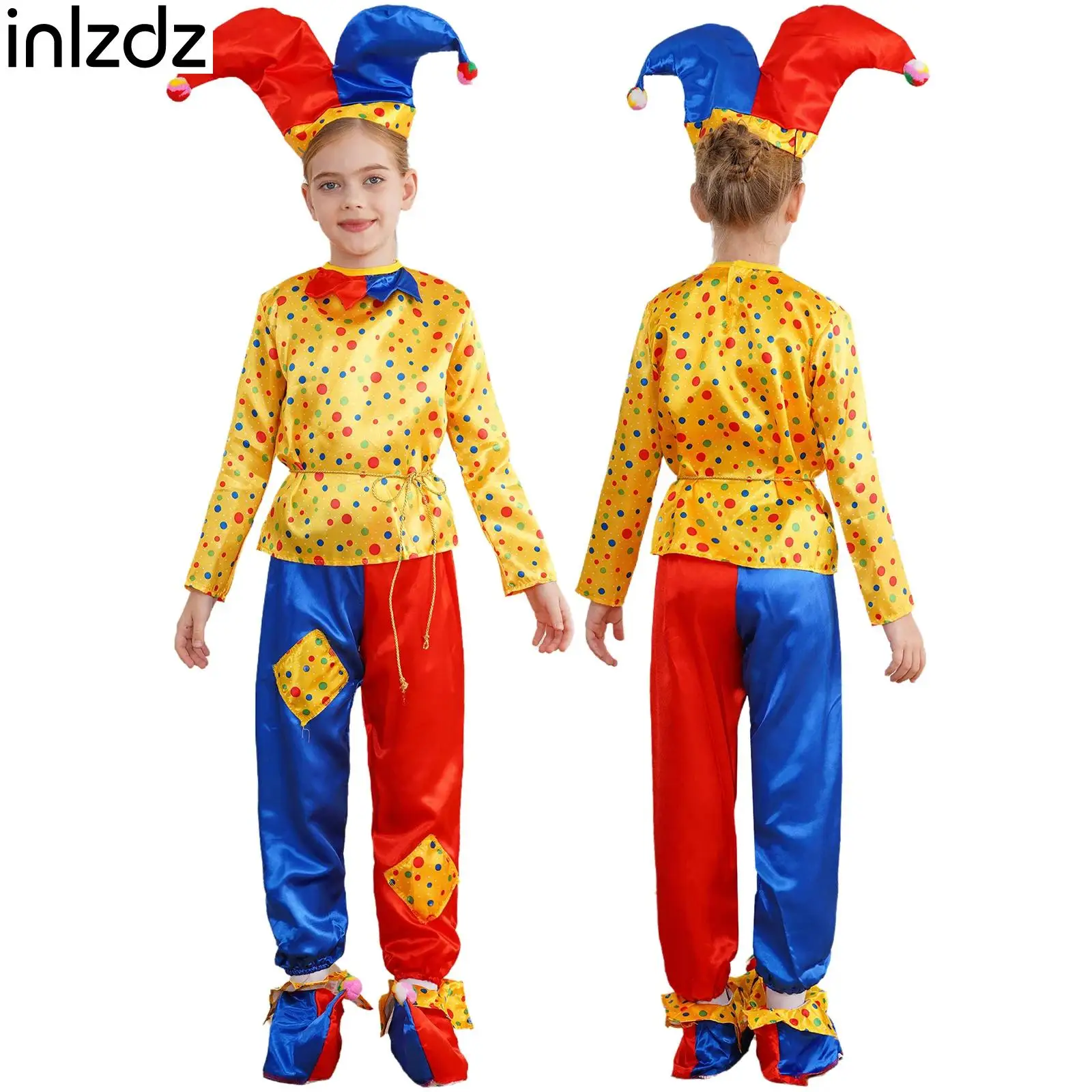 

Anime Halloween Cosplay Carnaval Clown Outfits Joker Cosplay Costume for Kids Unisex 4Pcs Jumpsuit with Hat and Shoe Cover