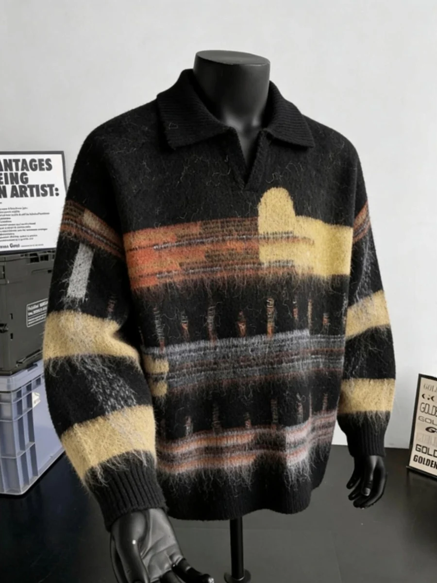 

American Sle Vintage Chic Color Blo Collared Knitwear Loose Casual off oulder Sweater for Men And Women Autumn Winter