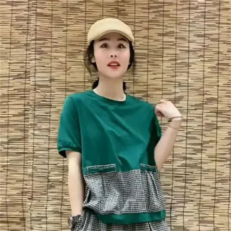 2024 Summer Female New Korean Fashion Splicing Checker Set Damski dwuczęściowy zestaw z bawełny i lnu Harun Pants