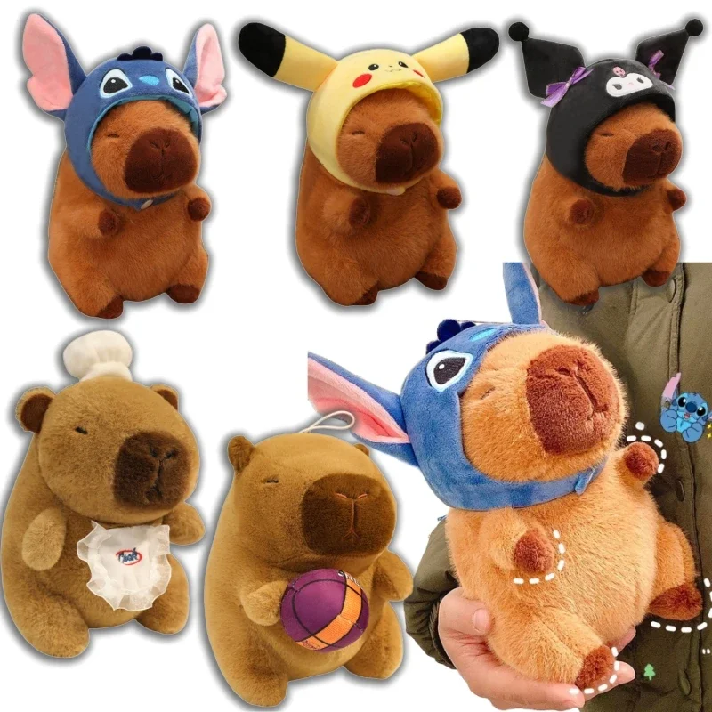

22cm Cartoon Pikachu Stitch Kuromi Hat Capybara Plush Toy Capibara Stuffed Animal Soft Capybara With Basketball Plushies Doll