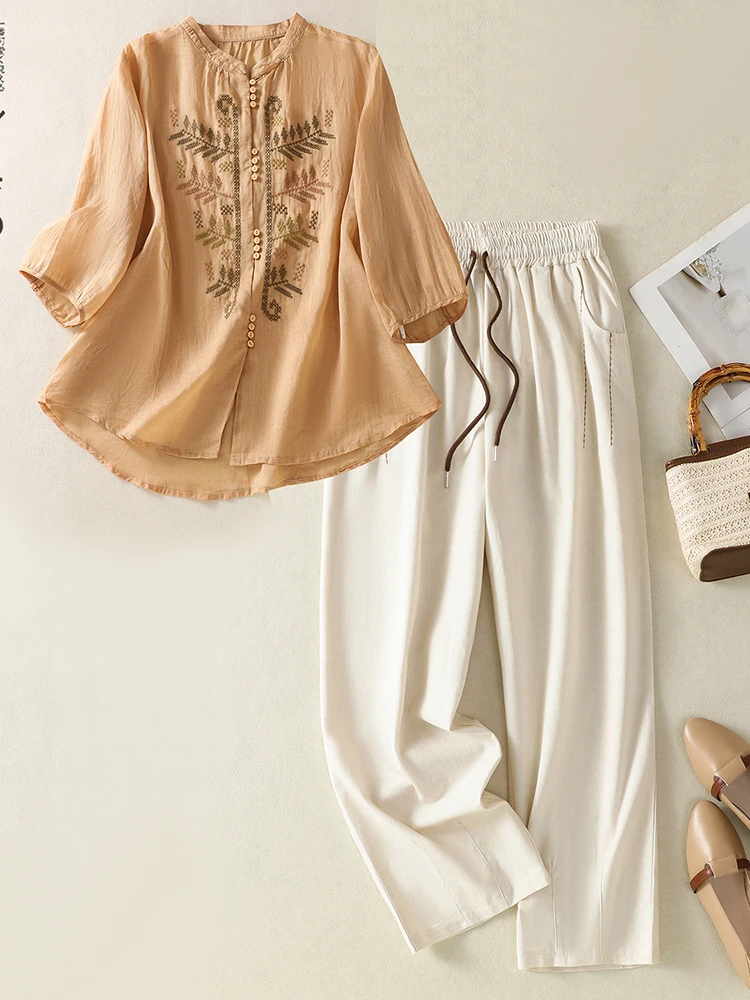 

Модный комплект из хлопка и льна с вышивкой: рубашка с воротником на пуговицах и рукавом три четверти, свободные брюки-харланы, повседневный комплект из девяти предметов