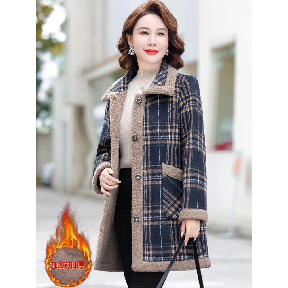 Mother\'s Winter Plush Woolen Coat Thicken Warm Cotton Parkas Middle-aged Elderly Women Granular Velvet Long Plaid Wool Jacket