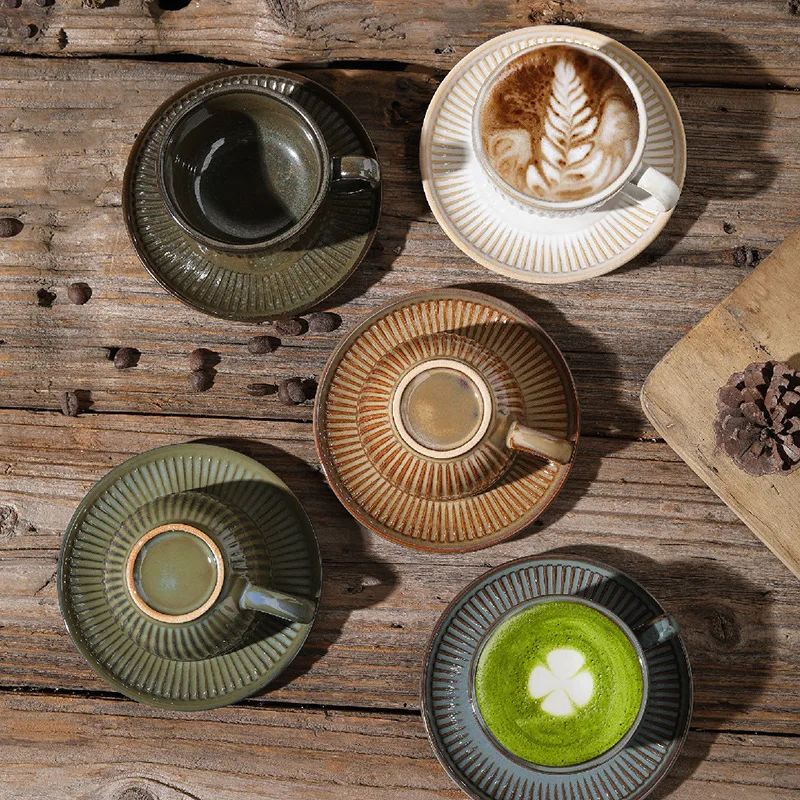 90CC Retro Espresso Cup 6 Cup 6 Plate Set Ceramic Plate Coffee Shop Afternoon Tea Cup Gift Box Wholesale