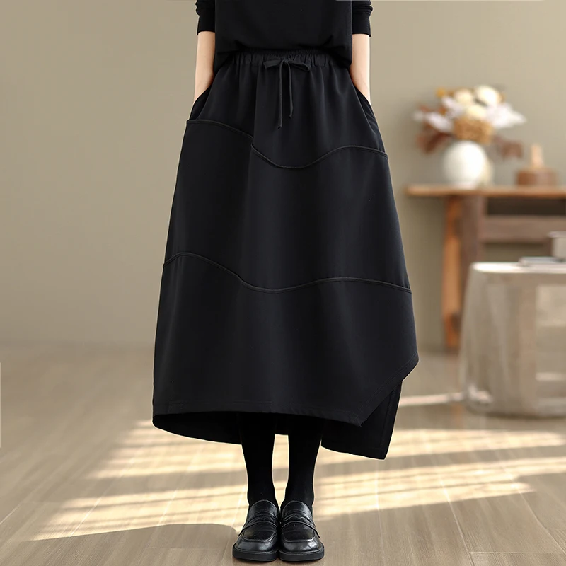 Thick Elastic Waist Umbrella Skirt Irregular Hemline Half-length Non-uniform Design Warm All-rounder Cotton Polyester Blend
