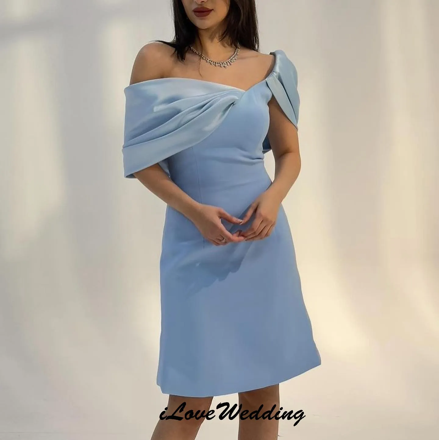 

Cocktail Dresses 2025 Sky Blue Wedding Party Dress Satin Off The Shoulder A-Line Ruched Homecoming Dress Knee-Length Customized