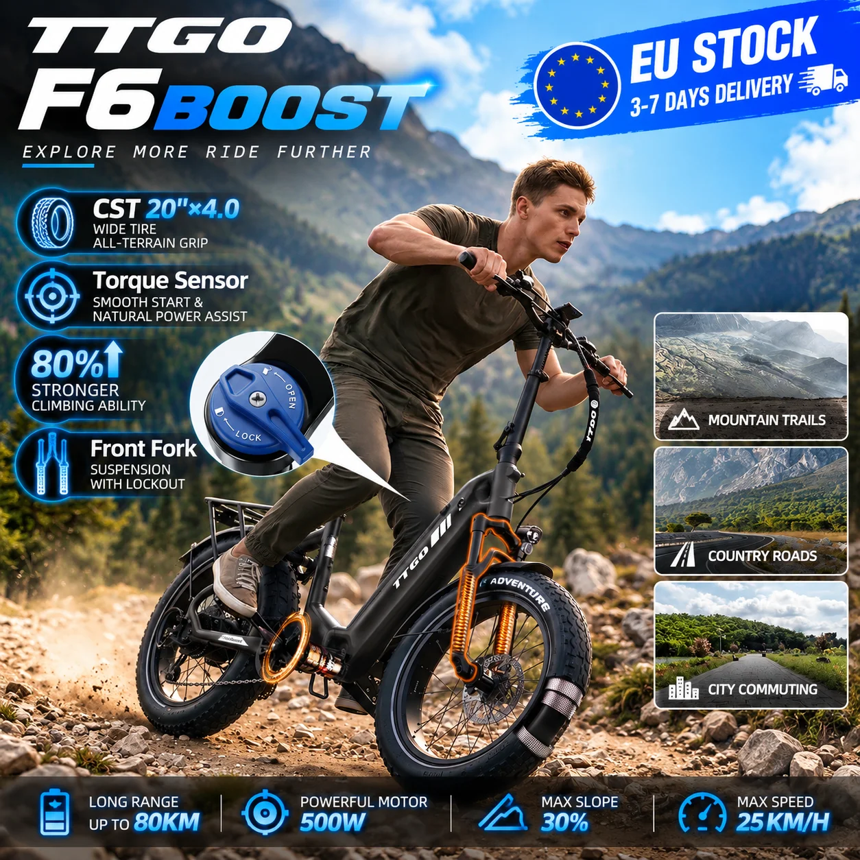 TTGO F6BOOST Bicicletta Elettrica con Pneumatici Larghi da 20 Pollici 48V 18Ah 500W 70Nm, E-Bike a Sospensione Completa, Freno a Disco Idraulico, Cambio Shimano a 7 Velocità, Autonomia di 150km,