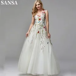 Sansa Elegant A-Line Floral Lace Porm Dress Customized Floor-Length Strapless Wedding Dresses Spaghetti Strap Vestidos De Fiesta