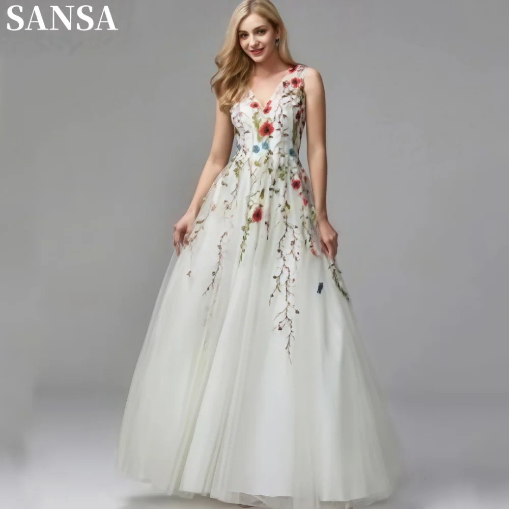 Sansa Elegant A-Line Floral Lace Porm Dress Customized Floor-Length Strapless Wedding Dresses Spaghetti Strap Vestidos De Fiesta