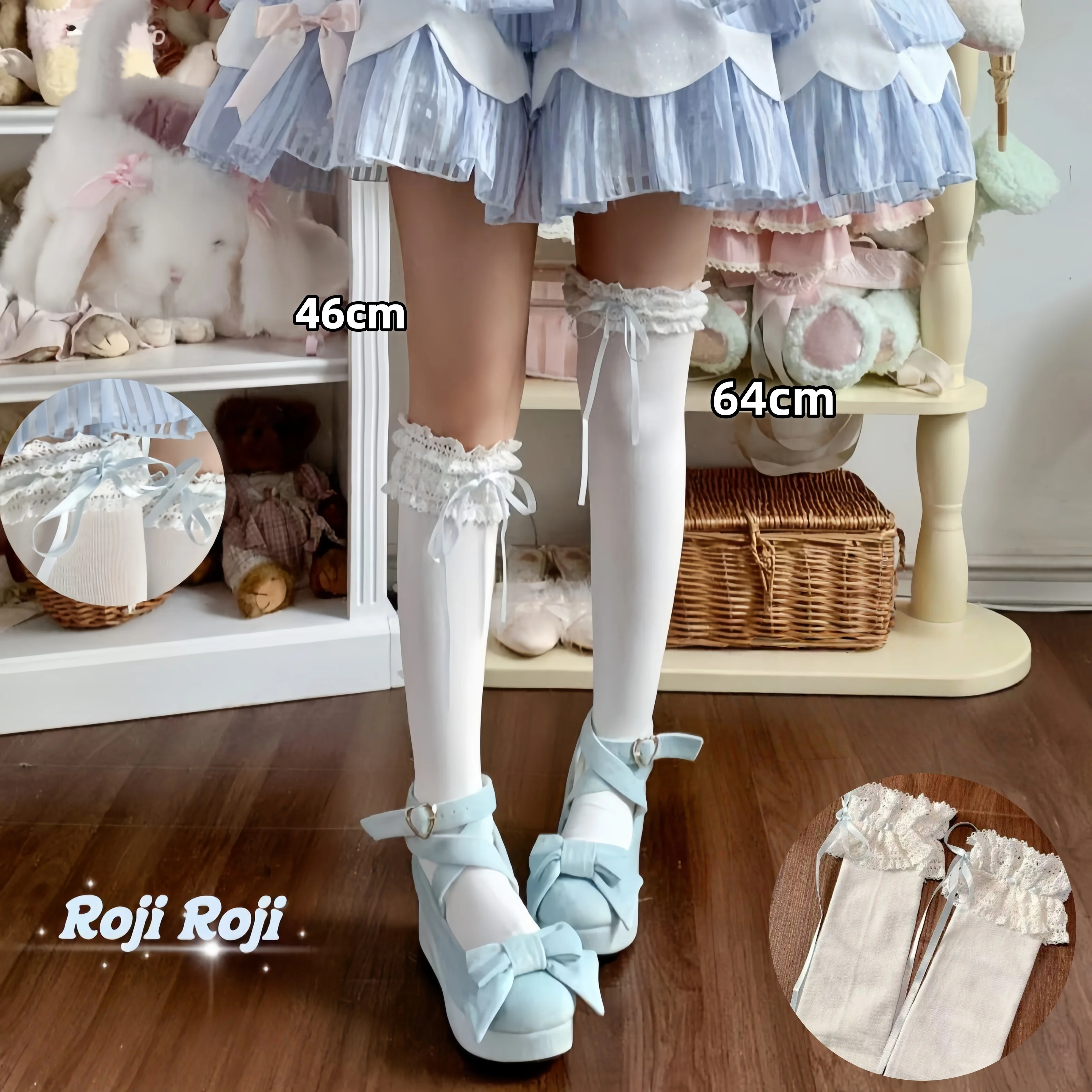 

Японские нежные балетные носки в стиле лолита для женщин, голубые, с бантом, до середины икры, многослойные, кружевные, в стиле JK, Харадзюку, милые хлопковые носки