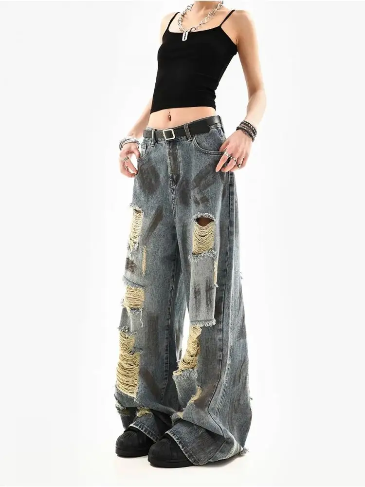 Dames tie-dye noodlijdende vintage gescheurde jeans zomer Y2K high street Amerikaanse stijl losse casual hoge taille wijde pijpen broek