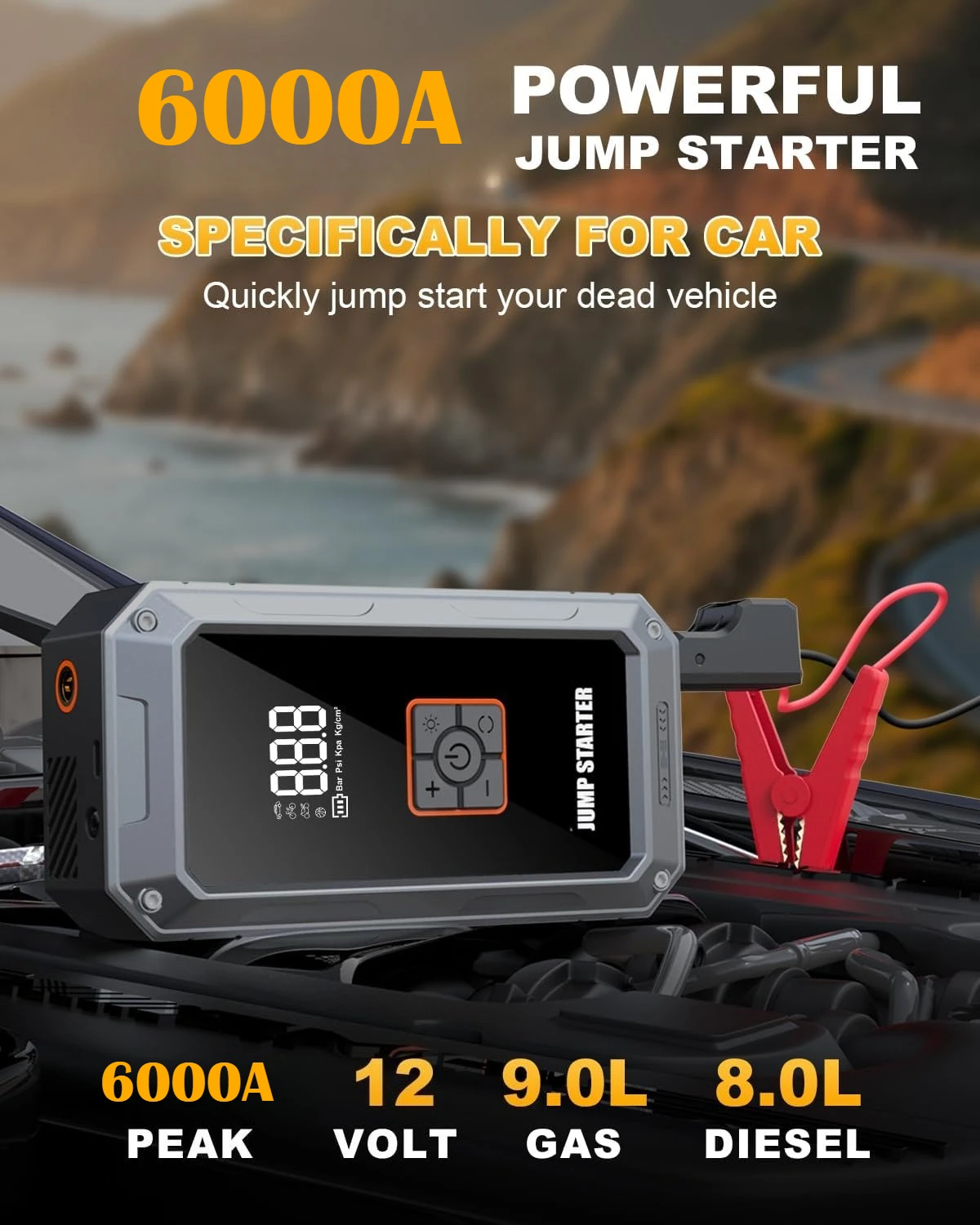 Car Battery Jump Starter 6000A with Air Compressor 150PSI Portable Power Pack 12V LED Light