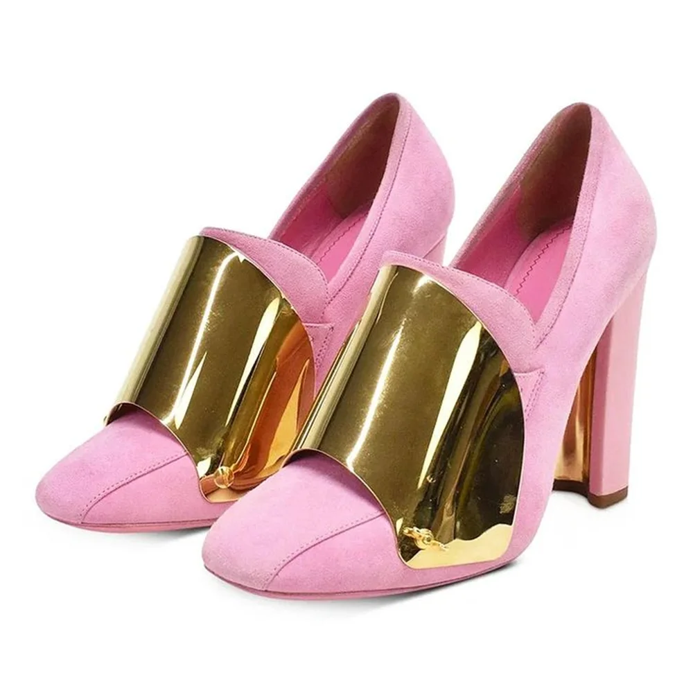 Fashion Pink Round-Toe Suede Block Heel Pumps Gold Metallic Accents Bold Contrast Design Custom Elegant Women's Shoes