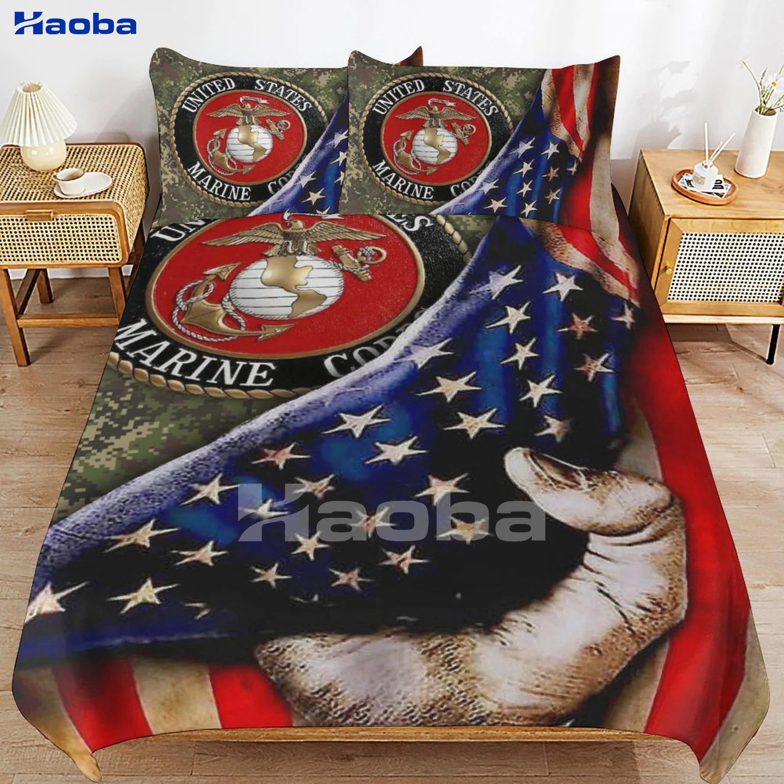 US Marine Corps American Flag Three Piece Bedding Set Children or Adults for Beds Quilt Covers Birthday Gifts for Women Men