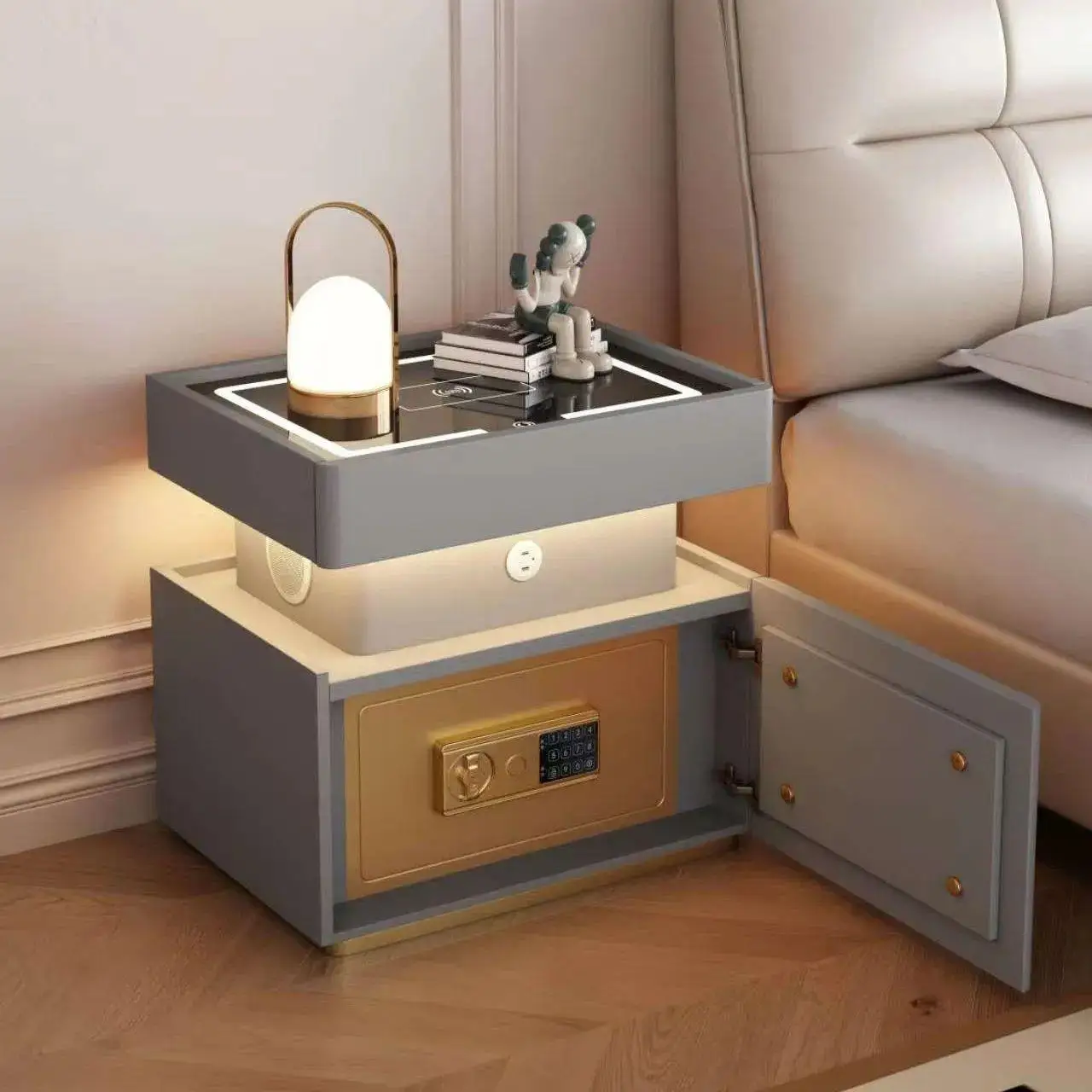 Modern simple smart bedside table hidden safe bedroom light luxury storage cabinet voice-activated lighting free installation