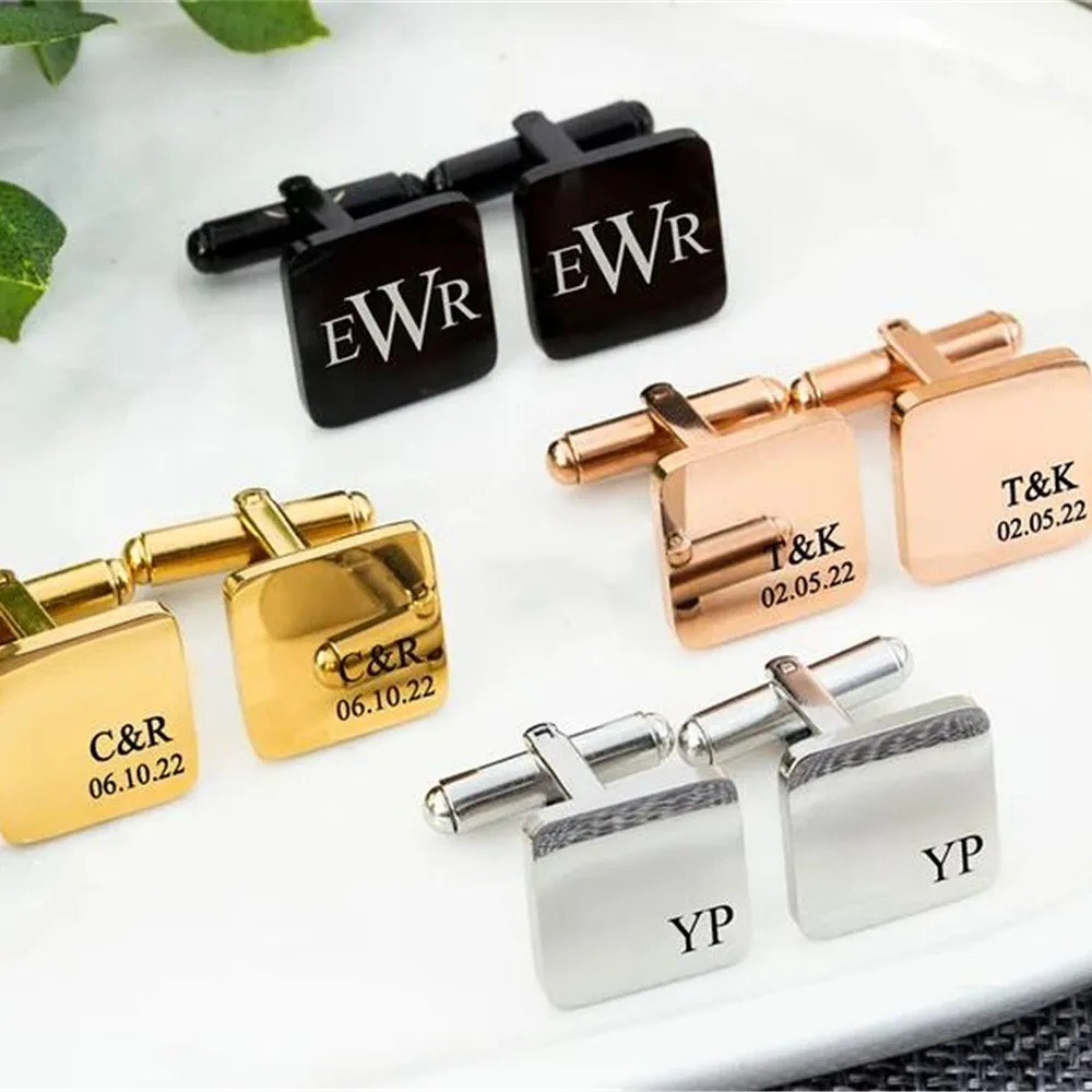 Silver Color Name Cufflinks Custom Square Engraved LGO Date Initial Shirt CuffLink Wedding Groom Gifts Business Men Jewelry BFF