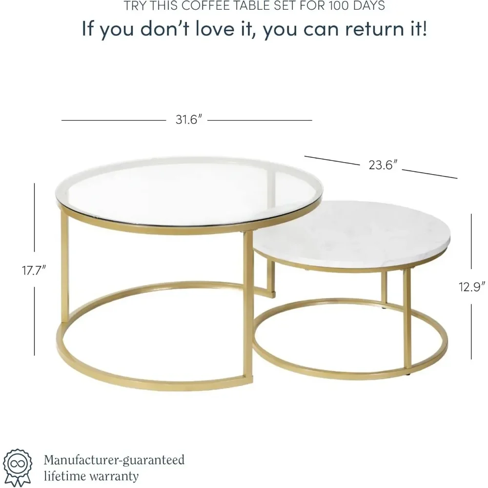 Stella Round Modern Nesting Set of 2, Stacking Living Room Accent Tables with Wood, Glass or Faux Marble and Powder Coated Metal