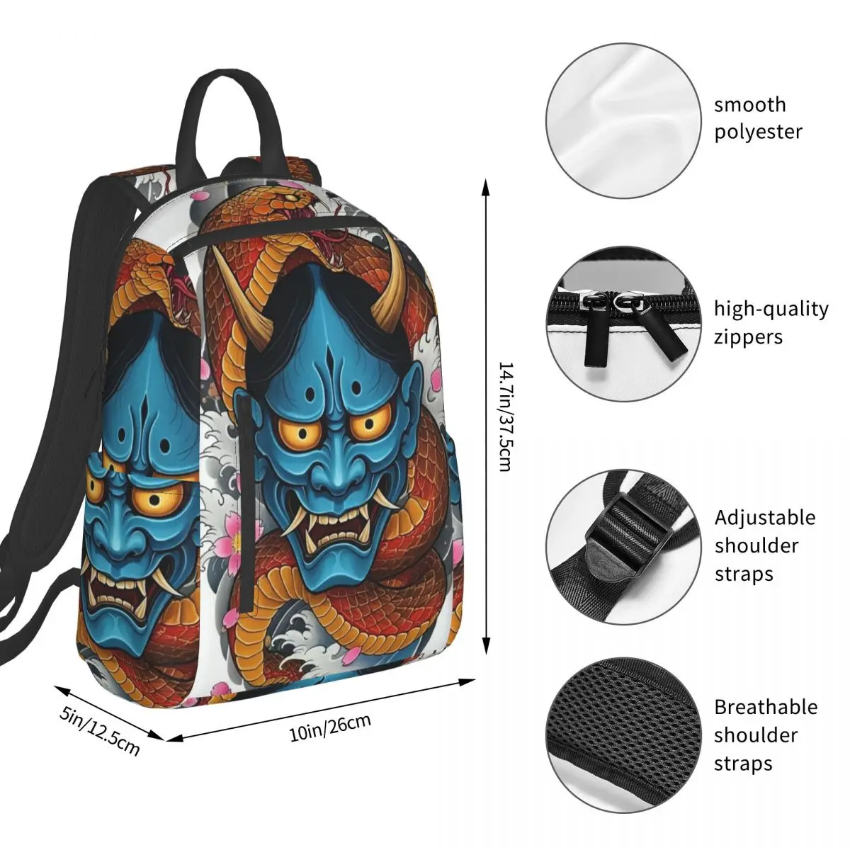 Oni Demon Gaiter Japanese Samurai Ronin Face Backpack Student BookBag Boys Girls School Bag Computer Shoulder Bags Men Women