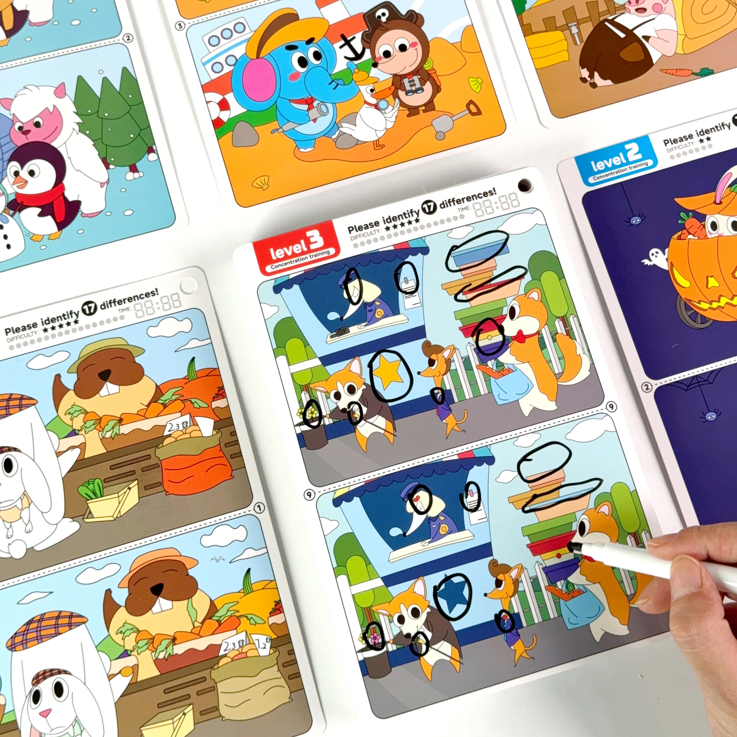 Drei Sätze „Find the Difference“-Spiel, Konzentrationstrainingsset, 10-Blatt/Set, interaktives und interessantes Lernspielzeug für Kinder, Intelligenz-Räumungsräume, Partygeschenke können gelöscht und wiederverwendet werden