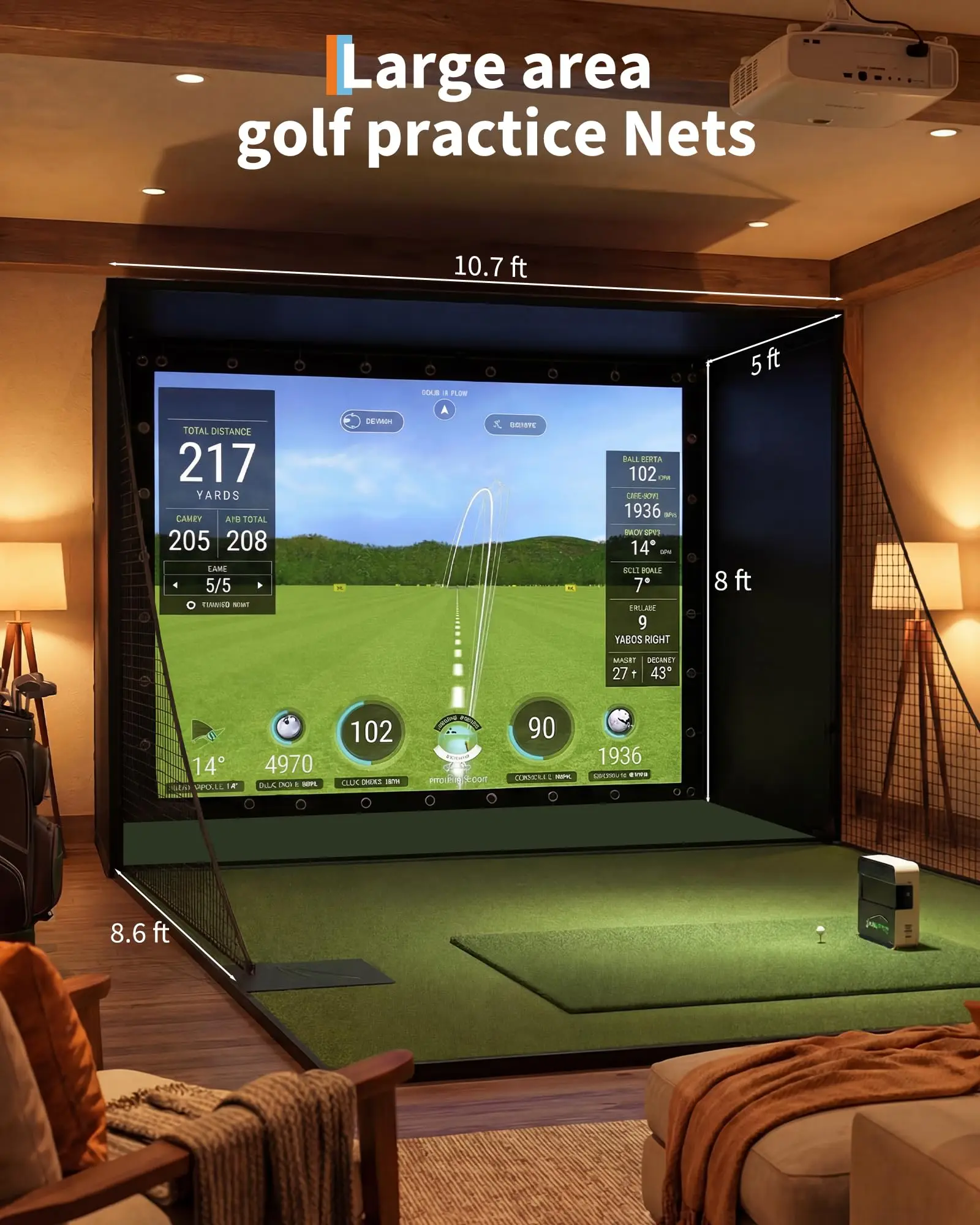Golf Simulator Enclosure Package, 4K-Ready Impact Screen with Blackout Cage, Frame Poles, Bottom Fence mesh, Side Nets and Sandbags for Indoor or Garage Use, Guardrail