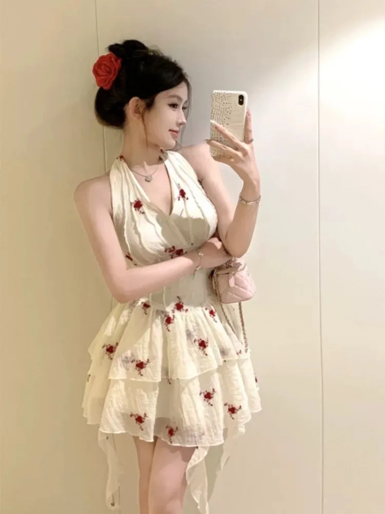 

Pure Sexy Slim Fit Halter Neck Floral Dress for Women's Summer V-neck Sleeveless A-line Short Dress Fashion Female Clothes