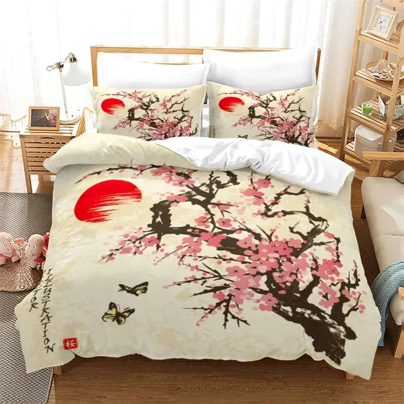 Ink Painting Duvet Cover Japanese Style Mount Fuji Comforter Cover Red Cherry Blossoms Print Bedding Set For Adults Teens Girls