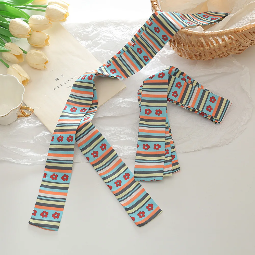 Korean Style Polka Dot & Stripe Printed Scarf, Skinny Long Ribbon for Hair & Bag, Versatile Elegant Neck Scarf
