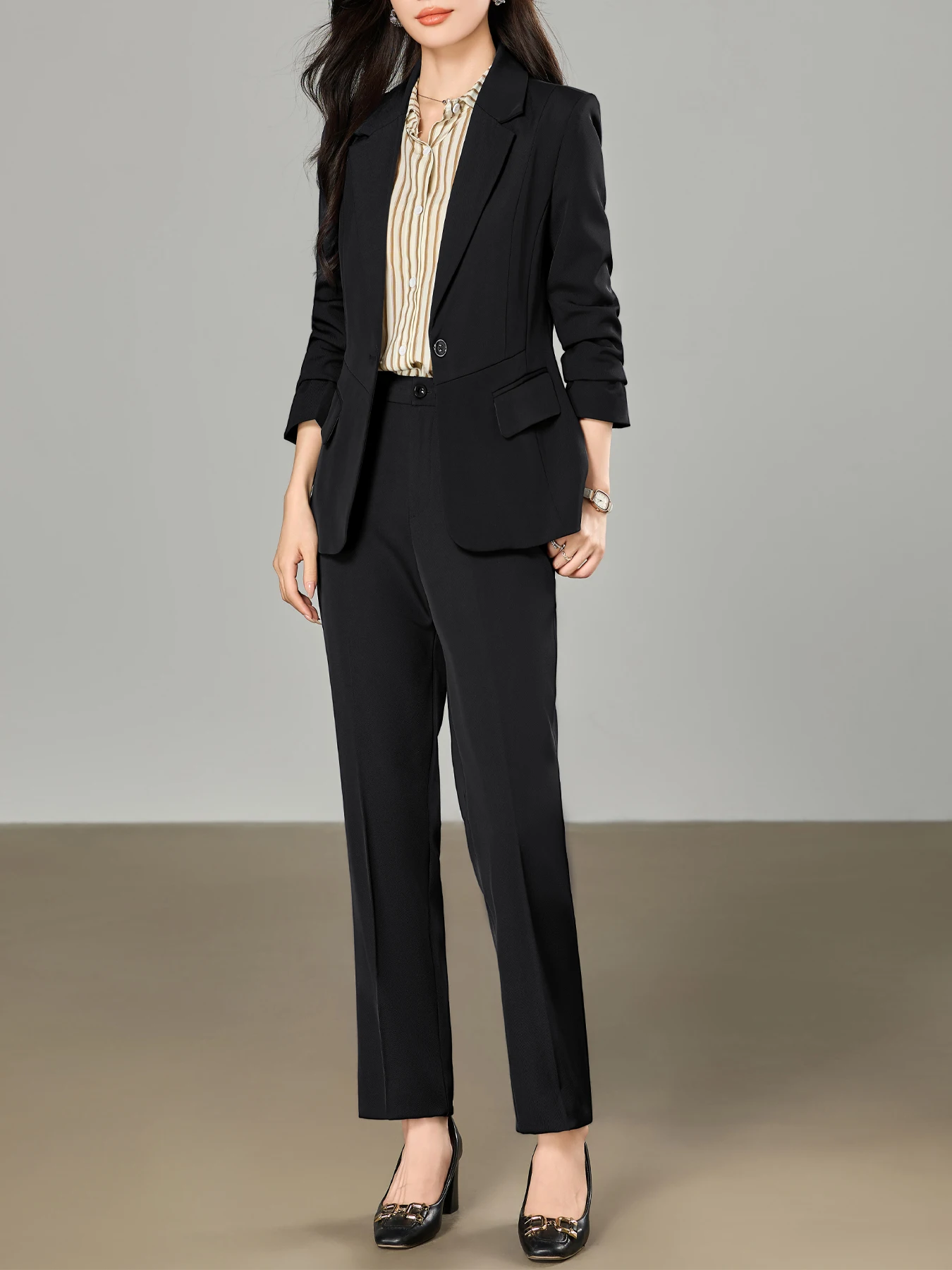 Slim-Fit Long-Sleeve Single-Breasted Suit Set with Pocket, Professional Commuting Style, High-End Elegance, Two-Piece