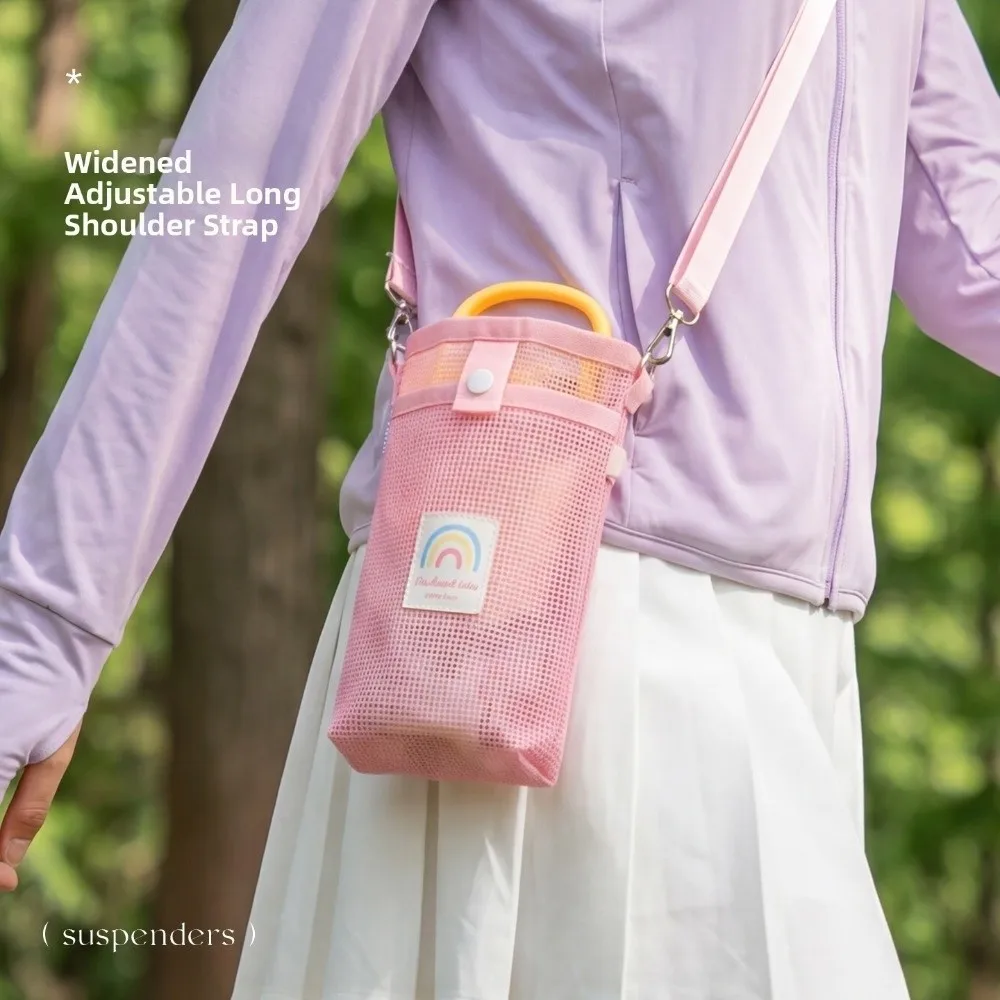 Mesh Water Bottle Carrier Bag Snap Closure Braided Carry Handle Crossbody Bottle Bag Wide Opening Adjustable Shoulder Strap