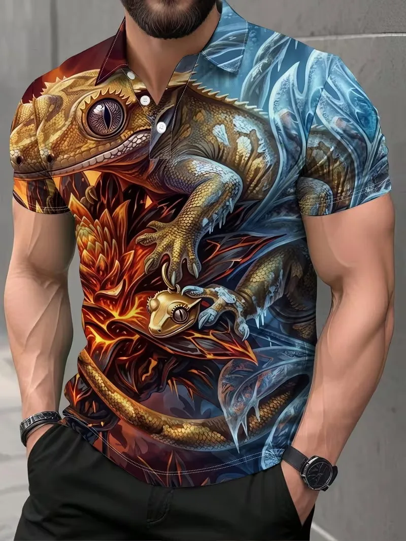 Men's 3D Blue Gecko Floral Print Polo Shirt Tropical Lizard Short Sleeve Casual Fashion Golf Tee Button Up Sport Polo Shirt