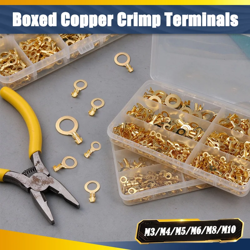 Boxed O-type Terminal Block Connector Crimp Terminal M3/M4/M5/M6/M8/M10 Cold-Pressed Electrical Wire Connector Assortment Kit