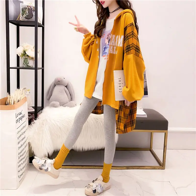 Autumn Winter Fashion Patchwork Coat Female Casual Plaid Irregular Zipper Cardigan T-Shirts Women Clothing Street Casual Top Tee