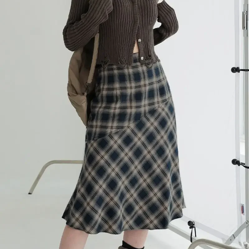 Minimal Contrast British Plaid Half Skirts for Women Autumn/Wonter Art Retro Academy Style High Waist A-line Mid Length Skirt