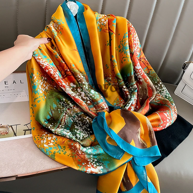 Luxury brand Royal Black gold satin silk scarf Women Brand Fashion Scarf Large Shawls Pashmina Hijab Foulard Design Retro flower