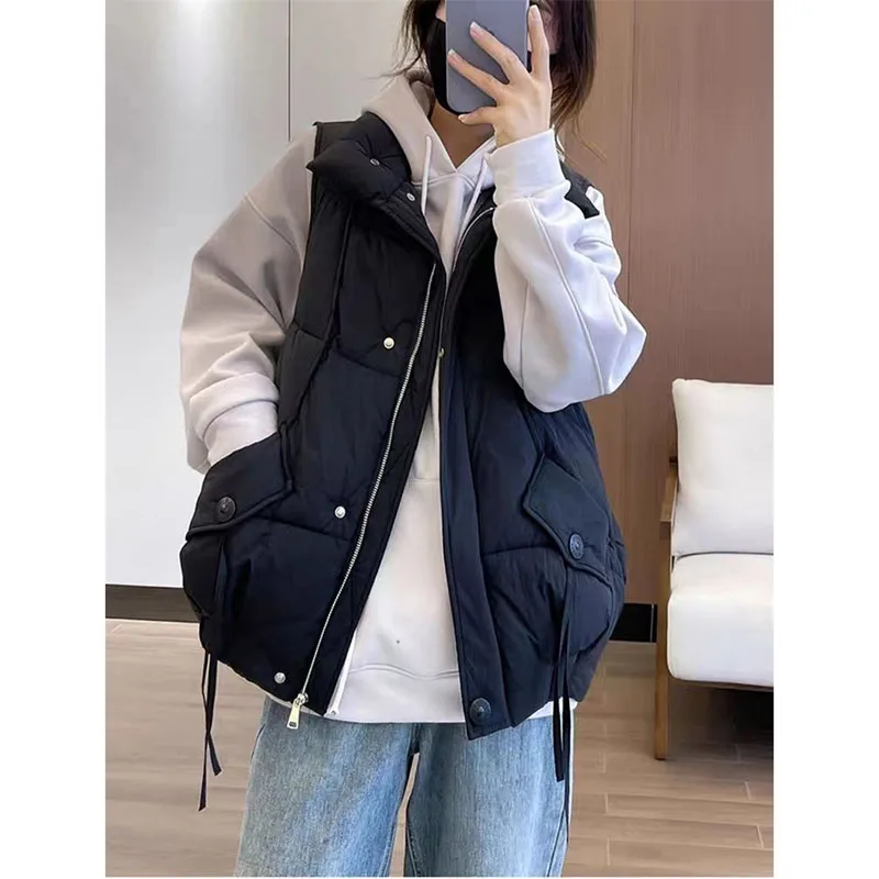 سترة أوروبية فضفاضة من القطن سترات للسيدات لخريف وشتاء 2025 معطف جديد بدون أكمام مقاس كبير صدرية معطف خارجي للسيدات