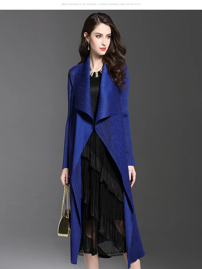 Spring Autumn Women's Fashion Pleated Long Coat Elastic Waist Design Polyester Material High Waist Straight Hemline Windbreaker