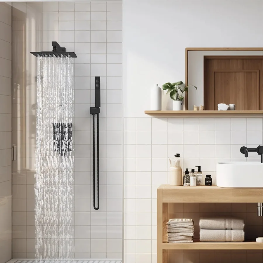 Rainfall Shower System With Storage Rack 10 inch Shower Faucet Set Matte Black with High Pressure with Square Shower Head Luxur