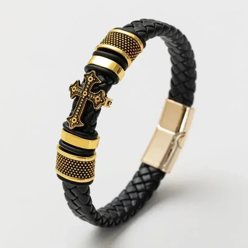 Vintage Hand Woven Eco-Friendly Leather Cross Bracelet with Magnetic Clasp Men\\\'s Fashion Pendant Religious Amulet Jewelry
