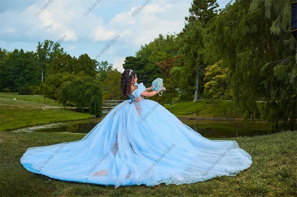 Sky Blue Puff Off The Shoulder Princess Quinceanera Dresses Beaded Lace Appliques 2024 Birthday Luxury Dress vestidos de gala