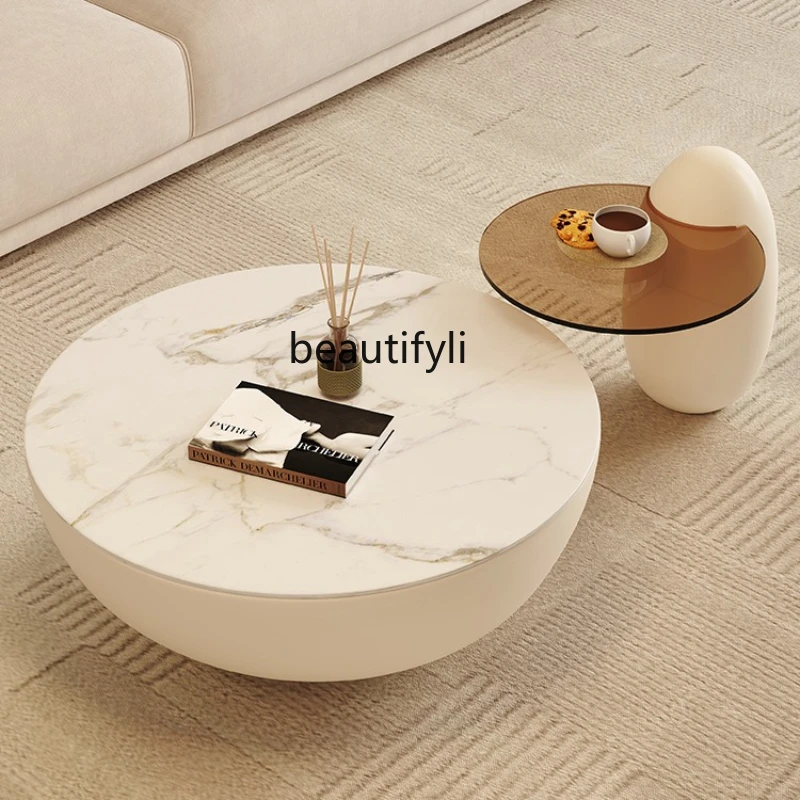 

French Style Stone Plate Coffee Table Combination Size round Cream Style Living Room Home Modern Low Table Side Table