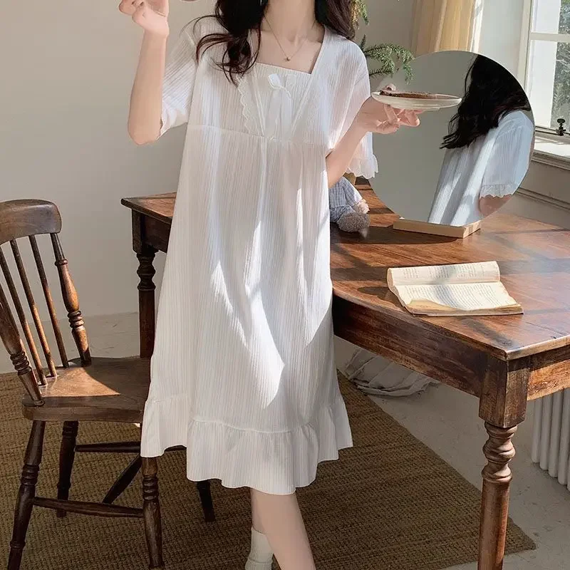 Sweet Pajamas Dresses Sleepwear Korean Fashion Nightdress Lingeries for Woman Short Sleeve  Lace Patchwork Summer Nightie