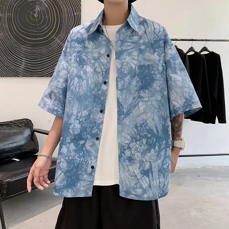 

short-sleeved Men's Hong Kong style ins loose five-sleeve shirt summer Korean version of the trend of new handsome casual coat