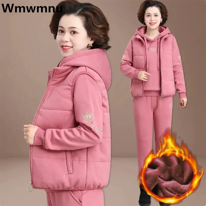 Moms Warm Tracksuit 3 Pieces Sets Hooded Sweatshirts+cotton Padded Vest + Joggers Outfit Winter Womens Casual Thick Ensemble New