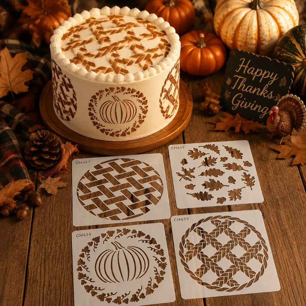 4Pcs Fall Cake Stencil Set, Food‑Grade PET Pumpkin Wreath Oak Leaf Lattice Braid Template for Cake Cookie Latte Party Decor