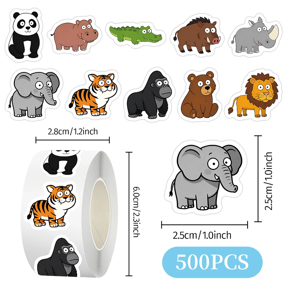 500pcs/Roll Cartoon Ugly Cute Forest Animal Stickers Roll Funny Big Eye Elephant Decal for Envelope Seal Cup Reward Sticker Roll