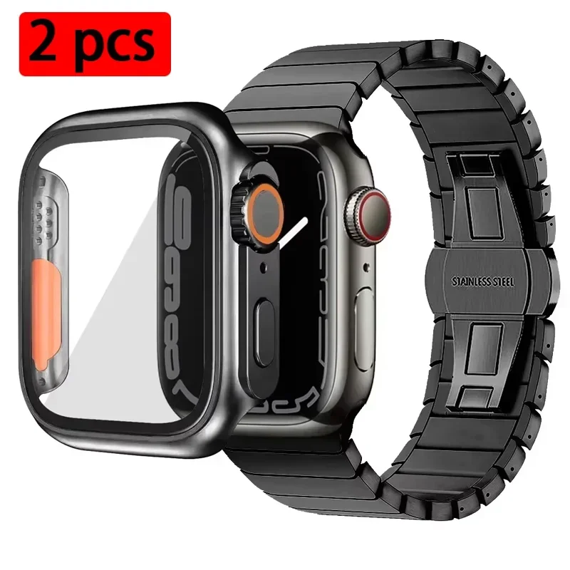 2 PCS Case For Apple Watch 9 8 7 SE 6 5 4 45 44mm Bumper+Tempered Glass Screen Protector Change to Ultra Cover IWatch protective